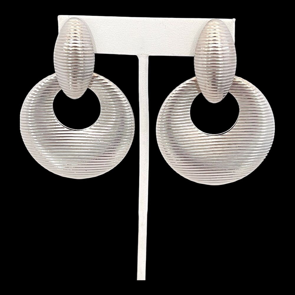 Vintage 1980s Door Knocker Earrings Textured Silver Tone Statement - 7Q